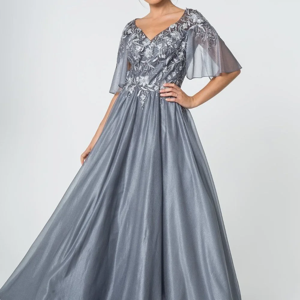 NEW LONG A-LINE CHIFFON DRESS EMBROIDERED WITH FLORAL LACE AND SEQUINS GL2830
